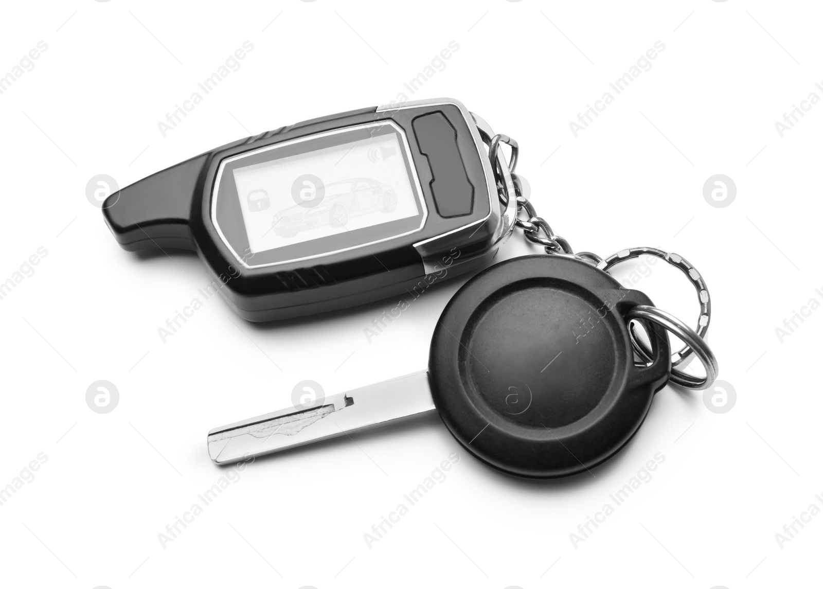 Modern car key with remote control isolated on white Photo of Modern car key with remote control isolated on white