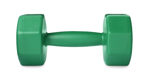 Photo of Green dumbbell isolated on white. Weight training equipment