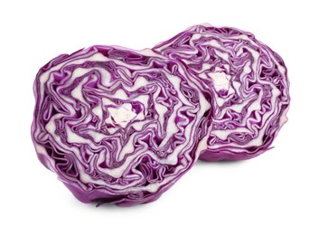 Halves of fresh ripe red cabbage on white background