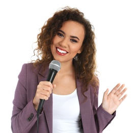 Photo of Curly African-American woman in suit singing with microphone on white background