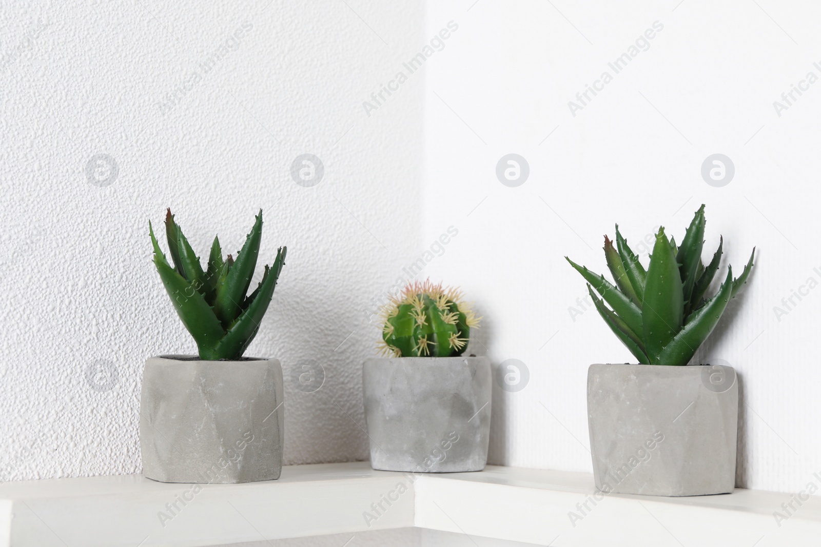 Photo of Beautiful artificial plants in flower pots on shelf