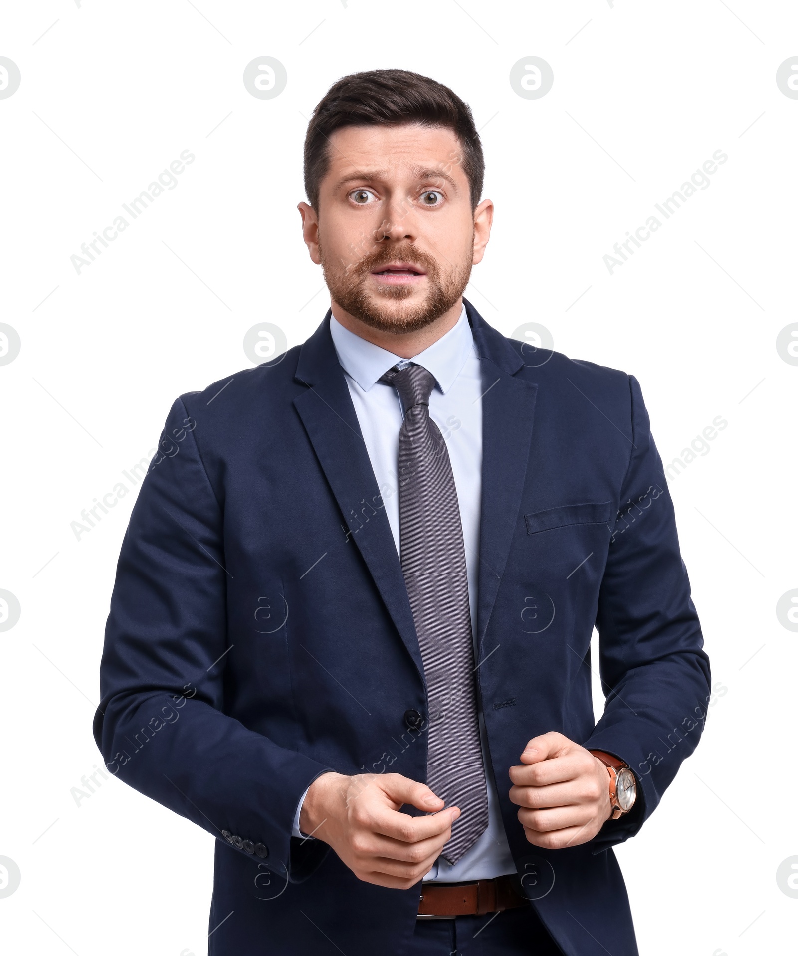 Photo of Handsome bearded businessman in suit on white background