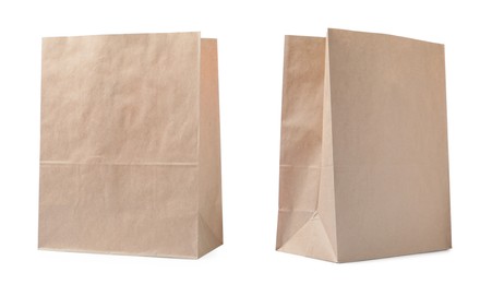 Image of Open kraft paper bags on white background, collage