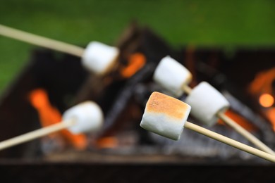 Photo of Delicious puffy marshmallows roasting over bonfire, closeup. Space for text