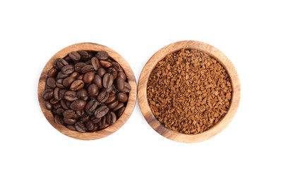 Photo of Bowls of instant coffee and beans on white background, top view
