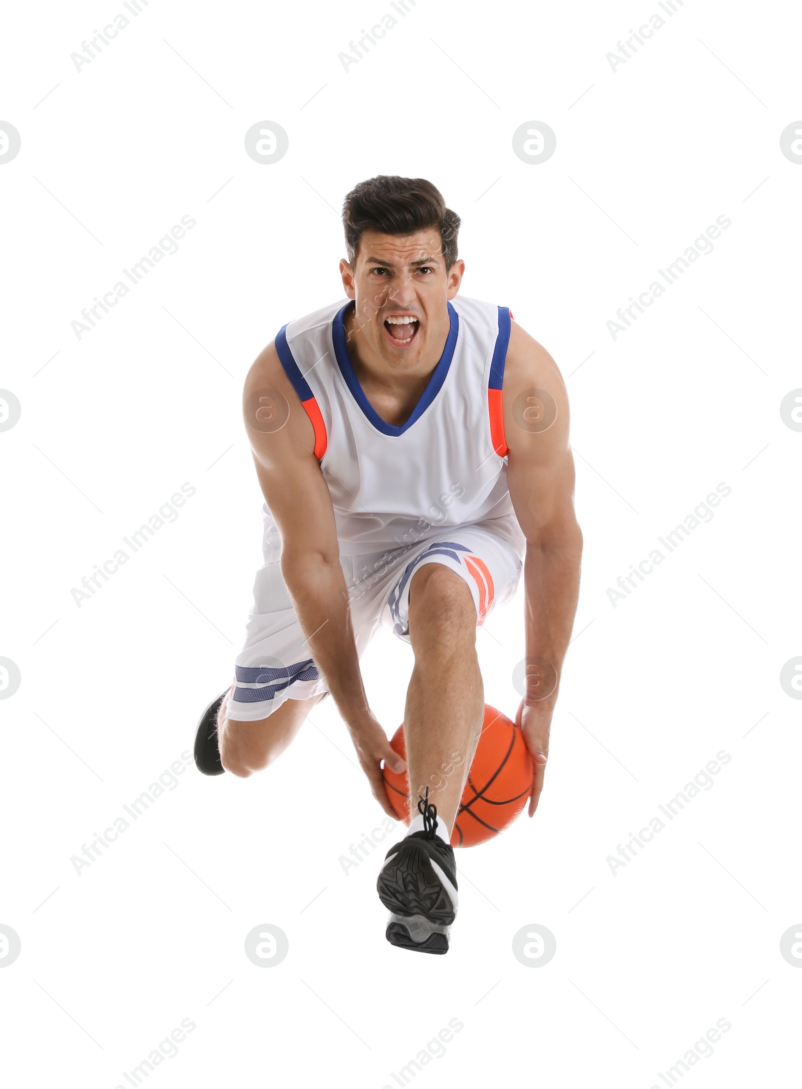 Photo of Professional sportsman playing basketball on white background