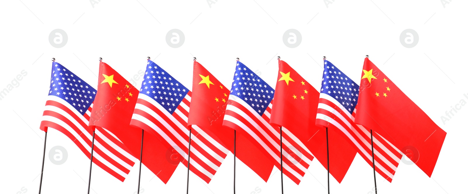 Photo of USA and China flags on white background. International relations