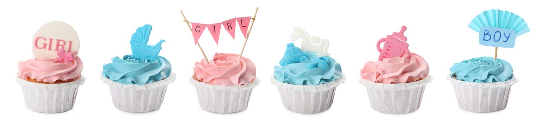 Image of Setdecorated baby shower cupcakes with blue and pink cream on white background. Banner design
