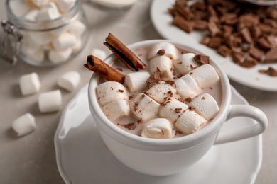 Tasty hot chocolate with milk and marshmallows in cup on table