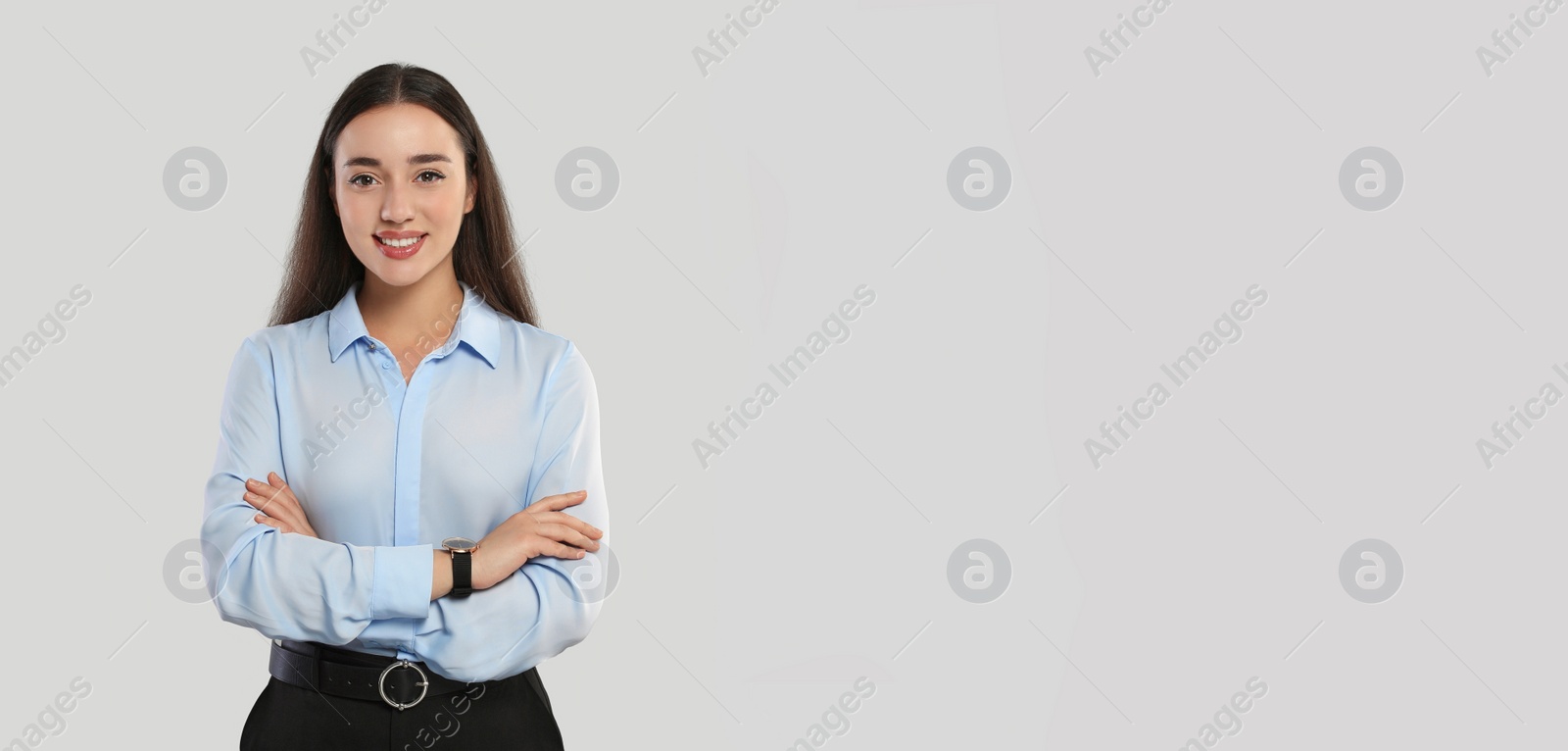 Image of Portrait of beautiful young woman on white background. Banner design with space for text