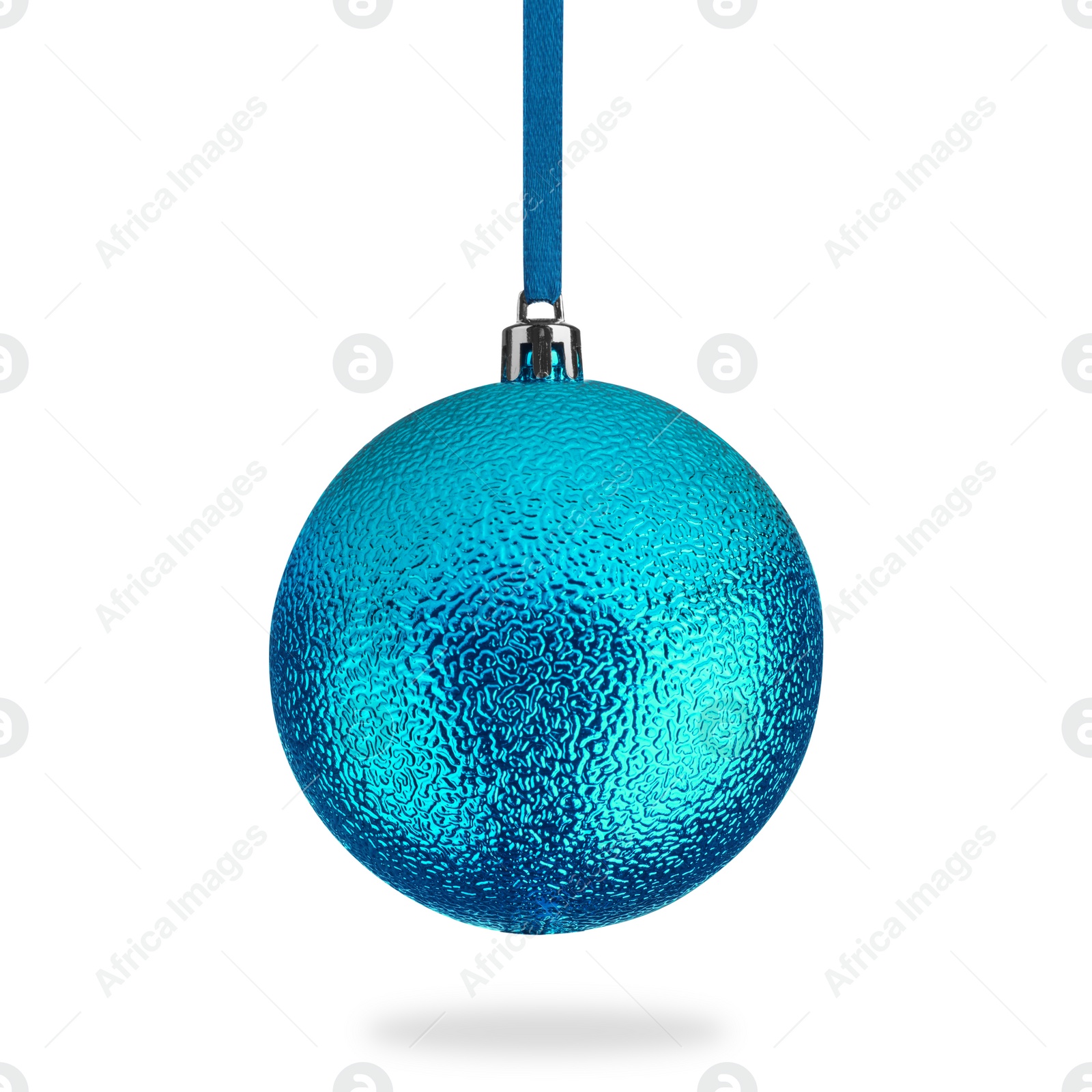 Image of Beautiful blue Christmas ball hanging on white background