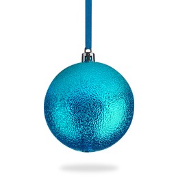 Image of Beautiful blue Christmas ball hanging on white background