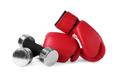 Photo of Dumbbells and boxing gloves isolated on white. Sports equipment