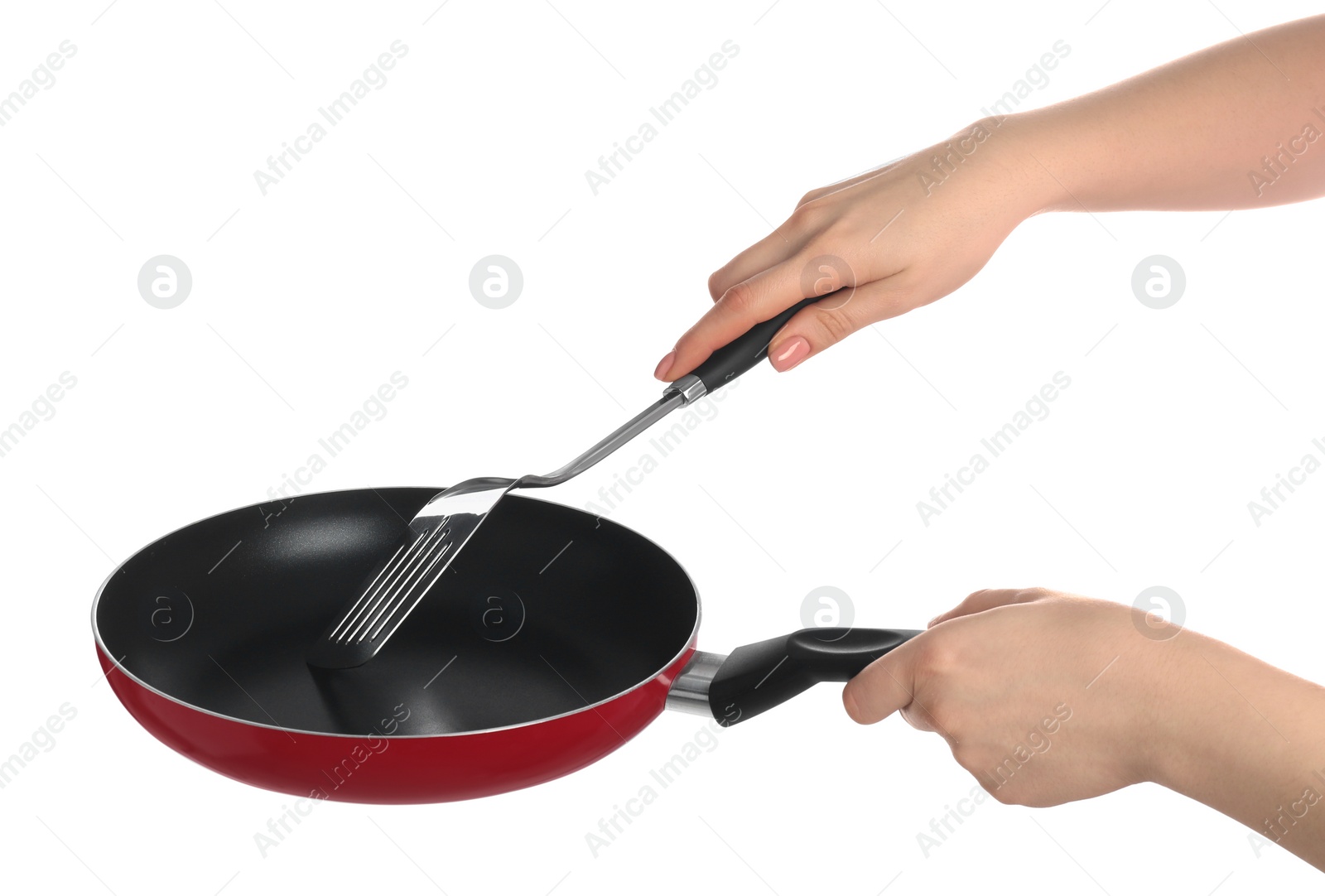 Photo of Woman with spatula and frying pan on white background, closeup