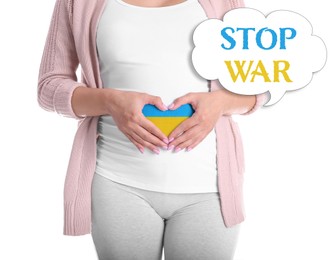 Image of Pregnant woman with Ukrainian flag on her belly against white background, closeup. Future generation against war