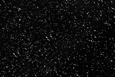 Snow flakes falling on black background. Winter weather