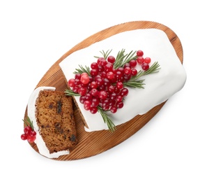 Photo of Traditional Christmas cake with cranberries and icing isolated on white, top view. Classic recipe