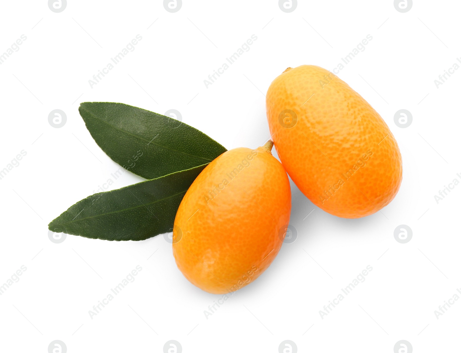 Photo of Fresh ripe kumquats with green leaves on white background, top view