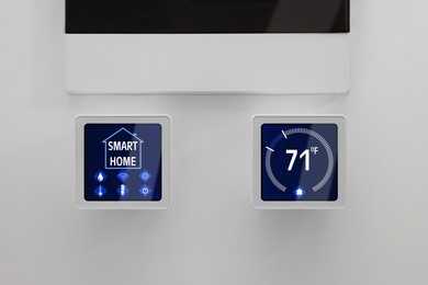 Thermostat displaying temperature in Fahrenheit scale and different icons. Smart home device on white wall