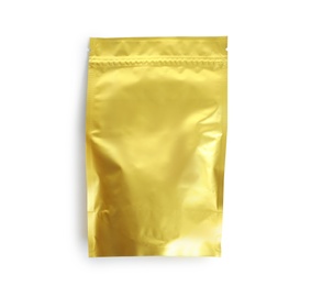 Photo of Foil bag with tea on white background, top view