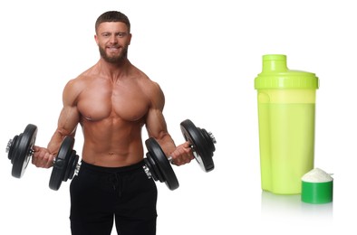 Bodybuilding. Man with muscular torso holding dumbbells on white background. Protein powder and shaker