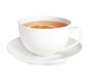 Cup of hot tea with lemon on white background