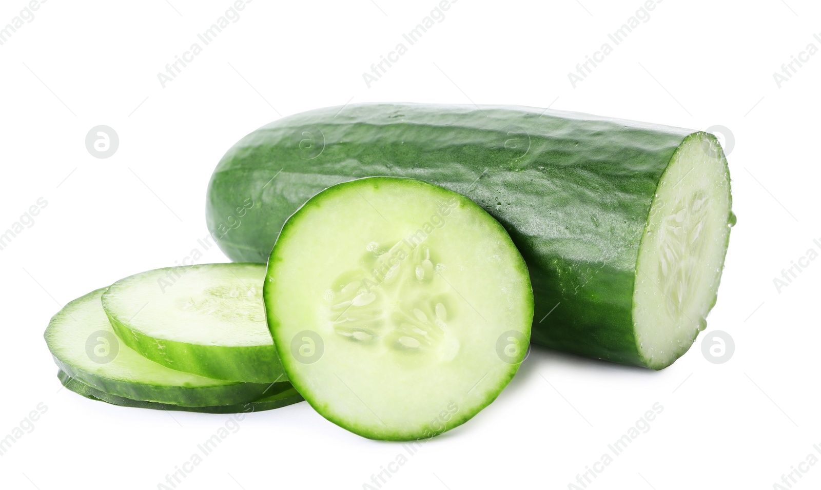 Photo of Fresh green sliced cucumber on white background