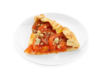 Photo of Piece of tasty galette with tomato and cheese (Caprese galette) isolated on white