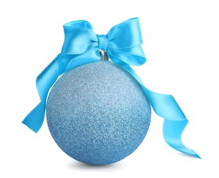 Photo of Beautiful light blue Christmas ball with ribbon isolated on white
