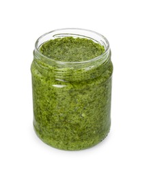 Photo of Delicious pesto sauce in jar isolated on white