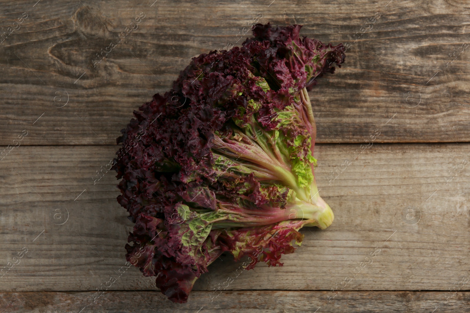 Photo of Head of fresh red coral lettuce on wooden table, top view