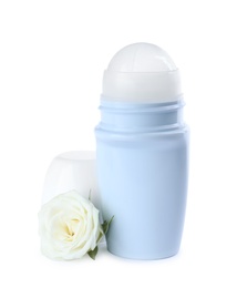 Roll-on female deodorant with rose on white background. Skin care