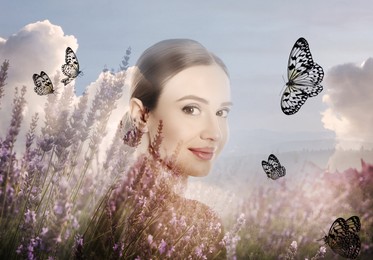 Double exposure of pretty woman and lavender field. Beauty of nature