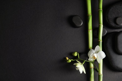 Photo of Bamboo branches with flowers and spa stones on black background, top view. Space for text