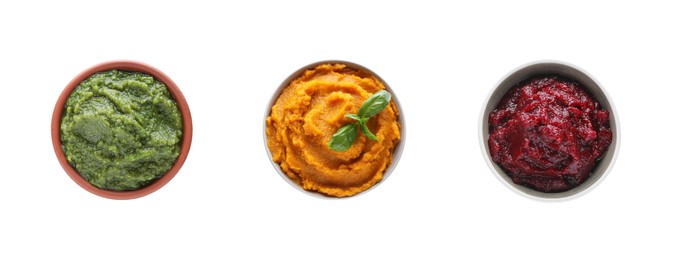 Image of Set with different tasty vegetable puree on white background, top view. Banner design