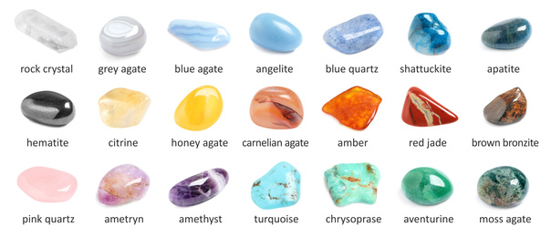 Image of Collection of different gemstones on white background. Banner design