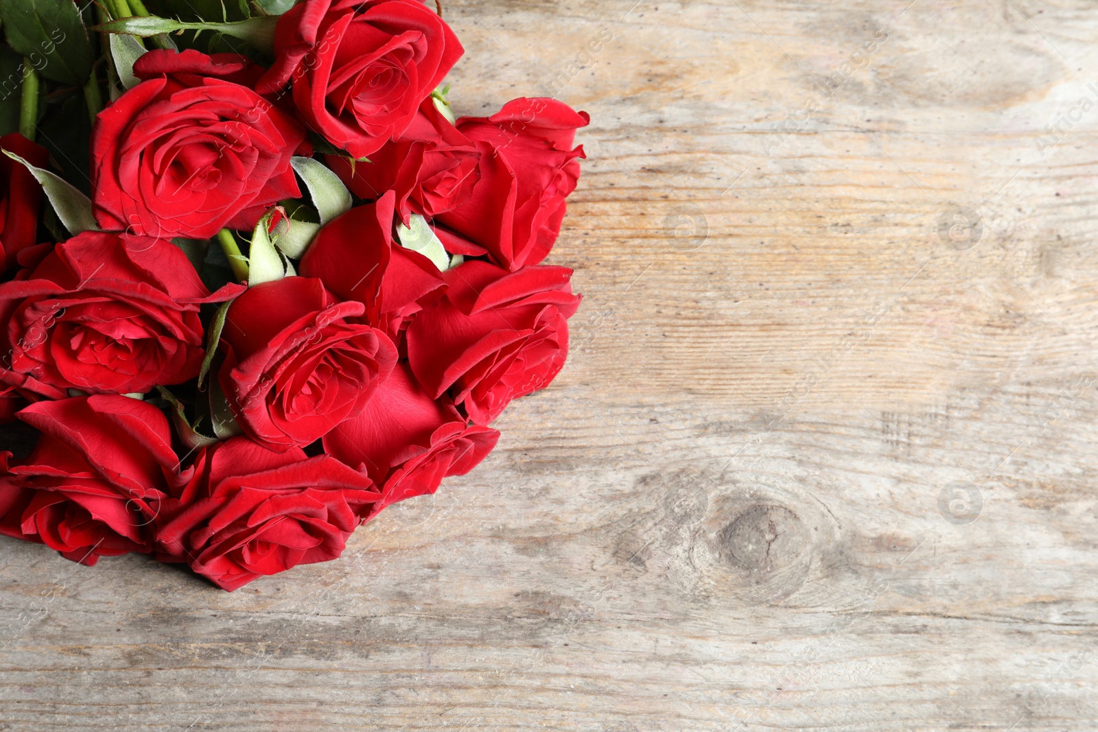 Photo of Beautiful red rose flowers on wooden background