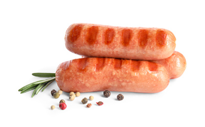 Photo of Grilled sausages and rosemary on white background