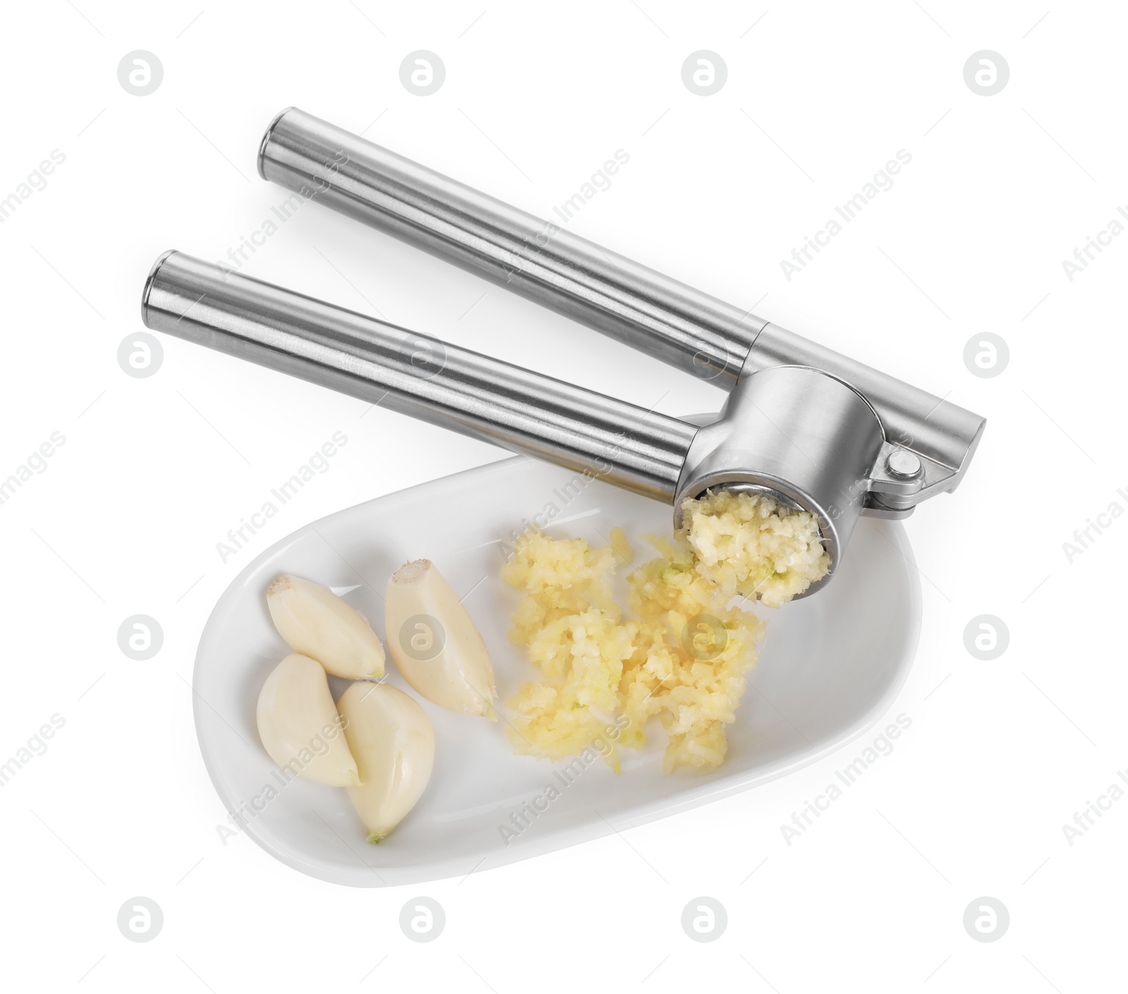 Photo of One metal press and garlic isolated on white, top view