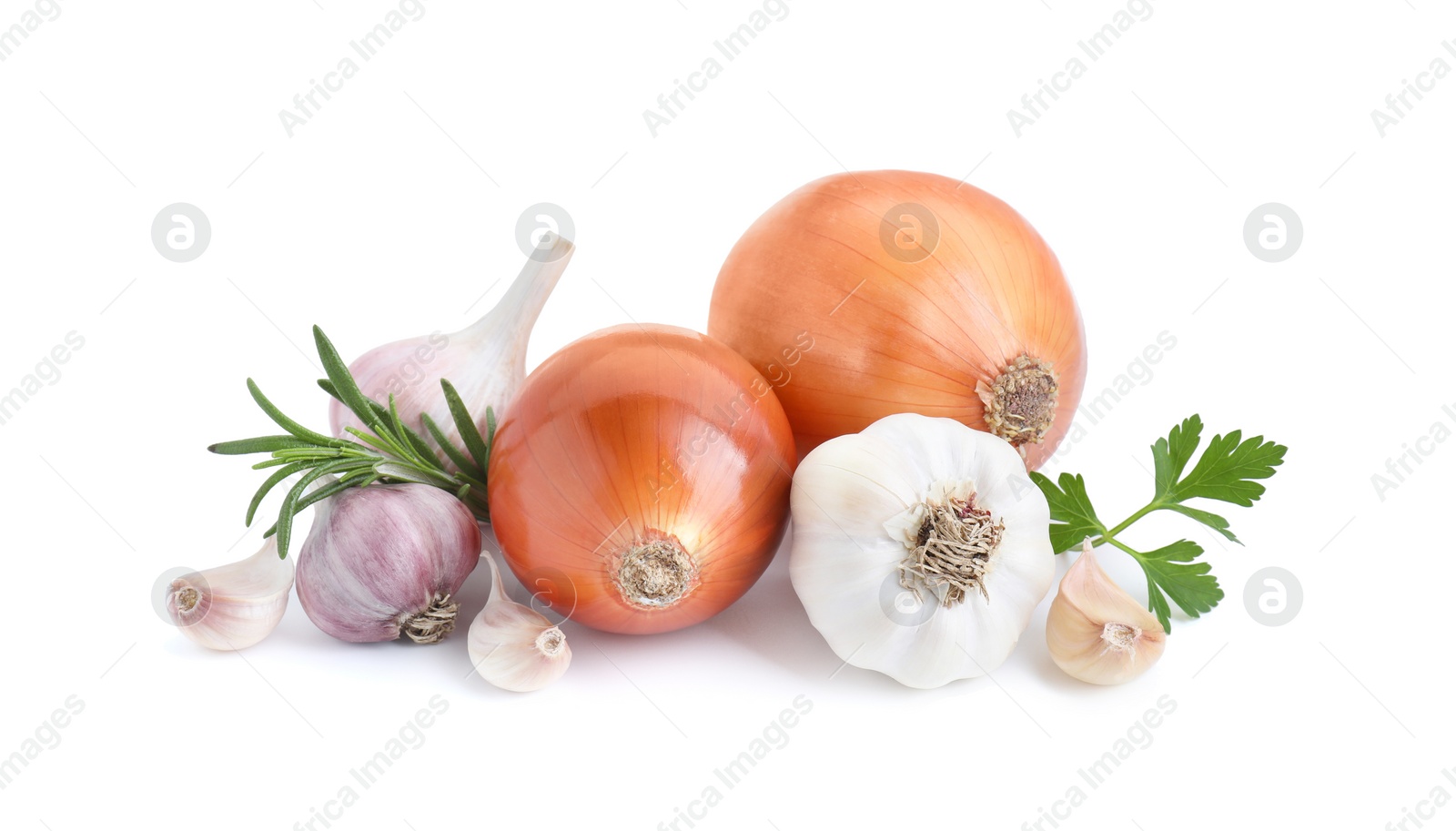 Photo of Fresh garlic, onions and greens isolated on white