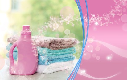 Fabric softener advertising design. Bottle of conditioner and soft clean towels on table