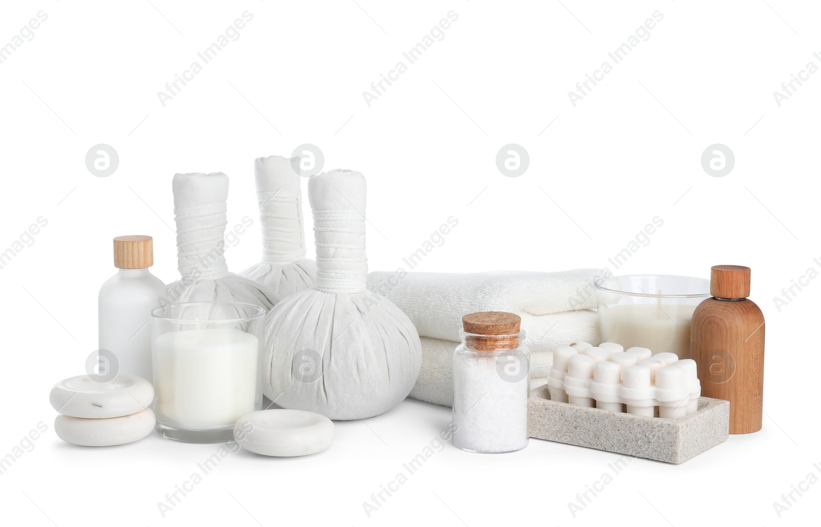 Photo of Beautiful composition with different spa products on white background