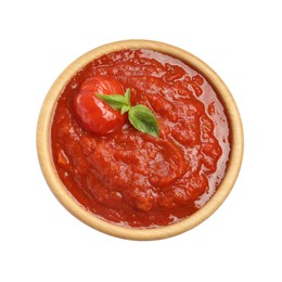 Photo of Homemade tomato sauce and basil in bowl isolated on white, top view