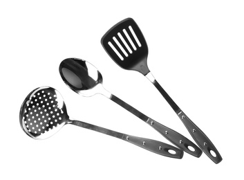 Photo of Different stainless steel kitchen utensils on white background