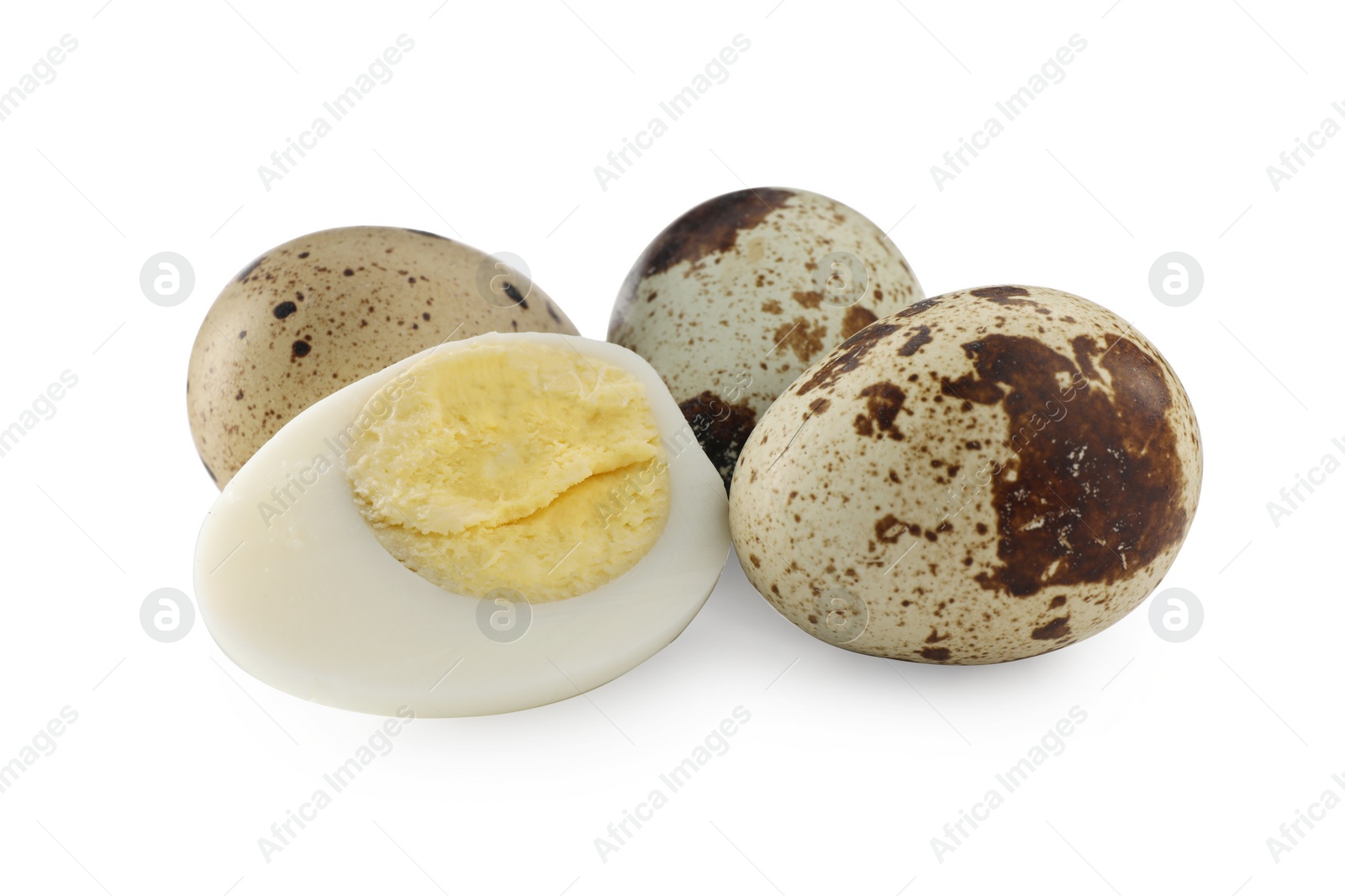 Photo of Unpeeled and peeled hard boiled quail eggs on white background