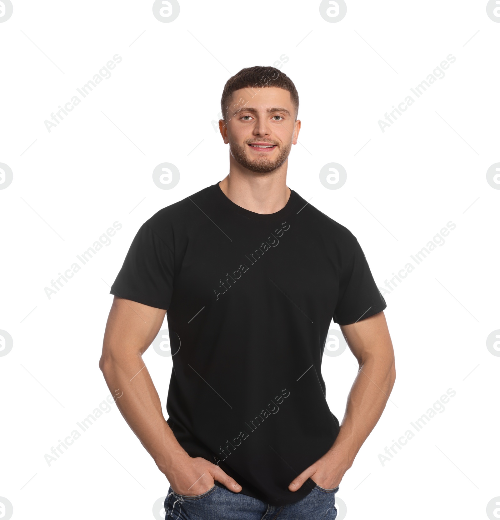 Photo of Man wearing black t-shirt on white background. Mockup for design