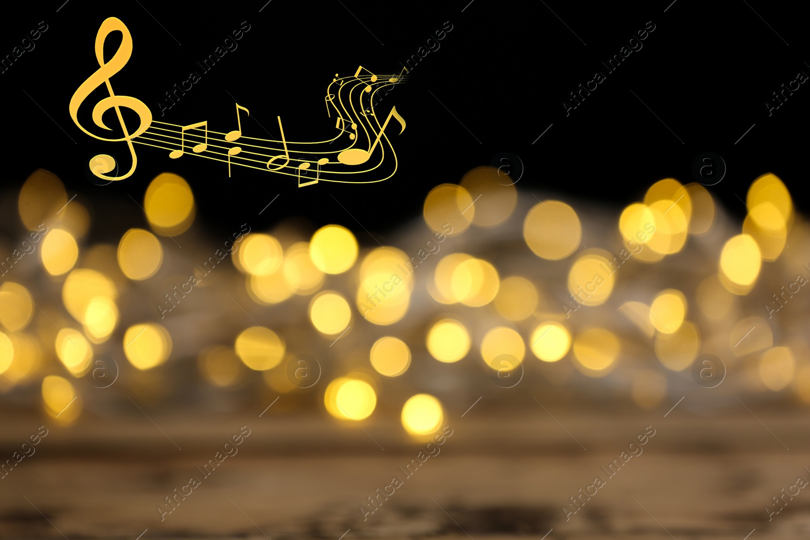 Image of Music notes on dark background, bokeh effect