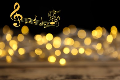 Image of Music notes on dark background, bokeh effect