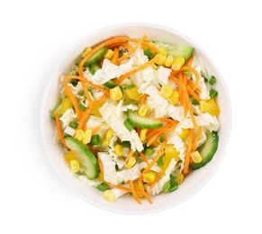 Photo of Tasty salad with Chinese cabbage, carrot, corn and cucumber in bowl isolated on white, top view