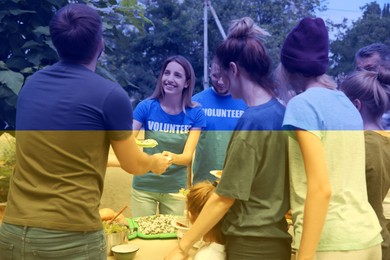 Double exposure of volunteers serving food to refugees and Ukrainian flag. Help during war